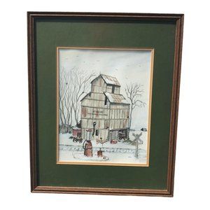Original Vintage LMH Watercolor, Framed Kennebec Grain Elevator